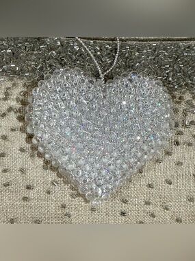 Vtg Clear Hard Plastic Heart Ornament - White Sparkle